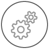 A gray and white icon of two gears on a green background